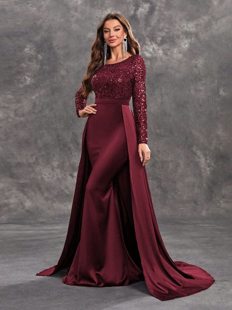 Women's Clothing Women's Ball Evening Dress Sequined Long Sleeve Round Neck Sexy Elegant Black Dress Ssw5205_voghion.com