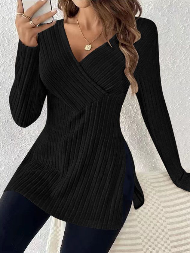 Maglia casual da donna con scollo a V, maniche lunghe e lavorazione a coste - Morbida e comoda da indossare tutti i giorni per autunno e inverno (nero, beige)_voghion.com