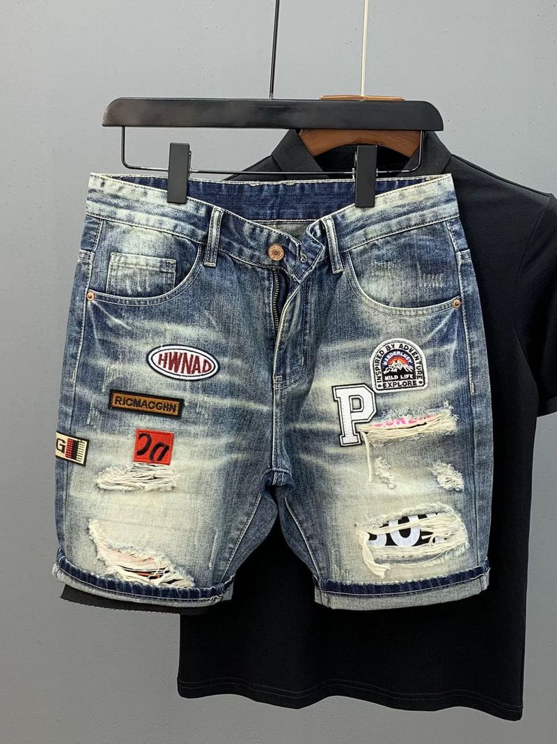 Summer New Ripped Denim Shorts Men's Trendy Brand Patch Print Mid Length Pants Trendy All Match Beggar Shorts_voghion.com