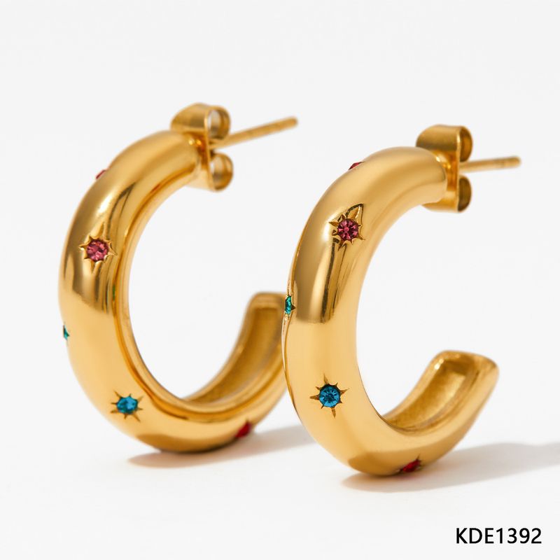 Unisex Jewelry Fashion C Shaped Earrings Retro Non Fading Micro Diamond Eight Pointed Star Stainless Steel Earrings_voghion.com