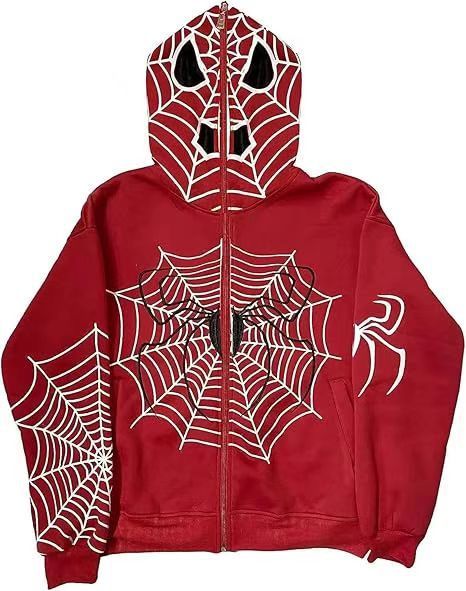2024 New Spider Web Front And Back Print Hooded Cardigan Long Zipper Sweatshirt Loose Fit Hot Sale_voghion.com