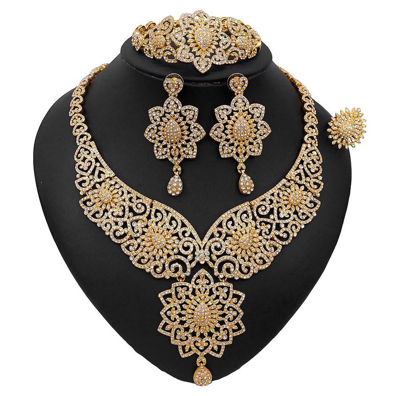 Dubai Diamond Real Gold Plated Necklace Earrings Bracelet Ring Alloy Jewelry Set_voghion.com