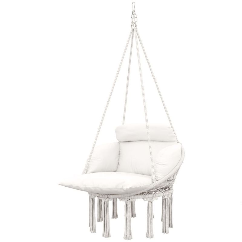 Hammock Swing Chair, Macrame Hanging Chair With Large Cushion, Chain, Steel Frame For Indoor Outdoor Use, Cream White_voghion.com