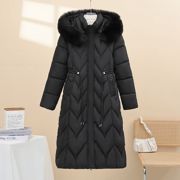 Langer, wattierter Damenmantel mit Kunstpelzkapuze, übergroße Winterjacke, warme Oberbekleidung in Übergröße, modischer Stil, Reißverschluss, mehrere Taschen_voghion.com