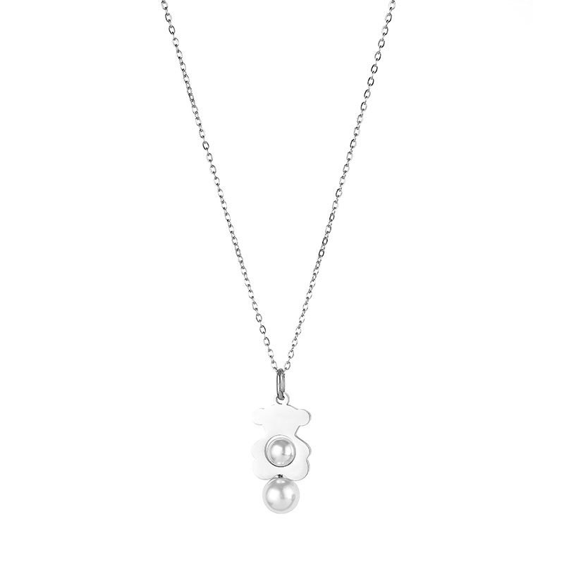 Collana con orso in acciaio inossidabile 304, perline doppie nere e bianche, orecchini da donna in acciaio inossidabile a forma di orso_voghion.com