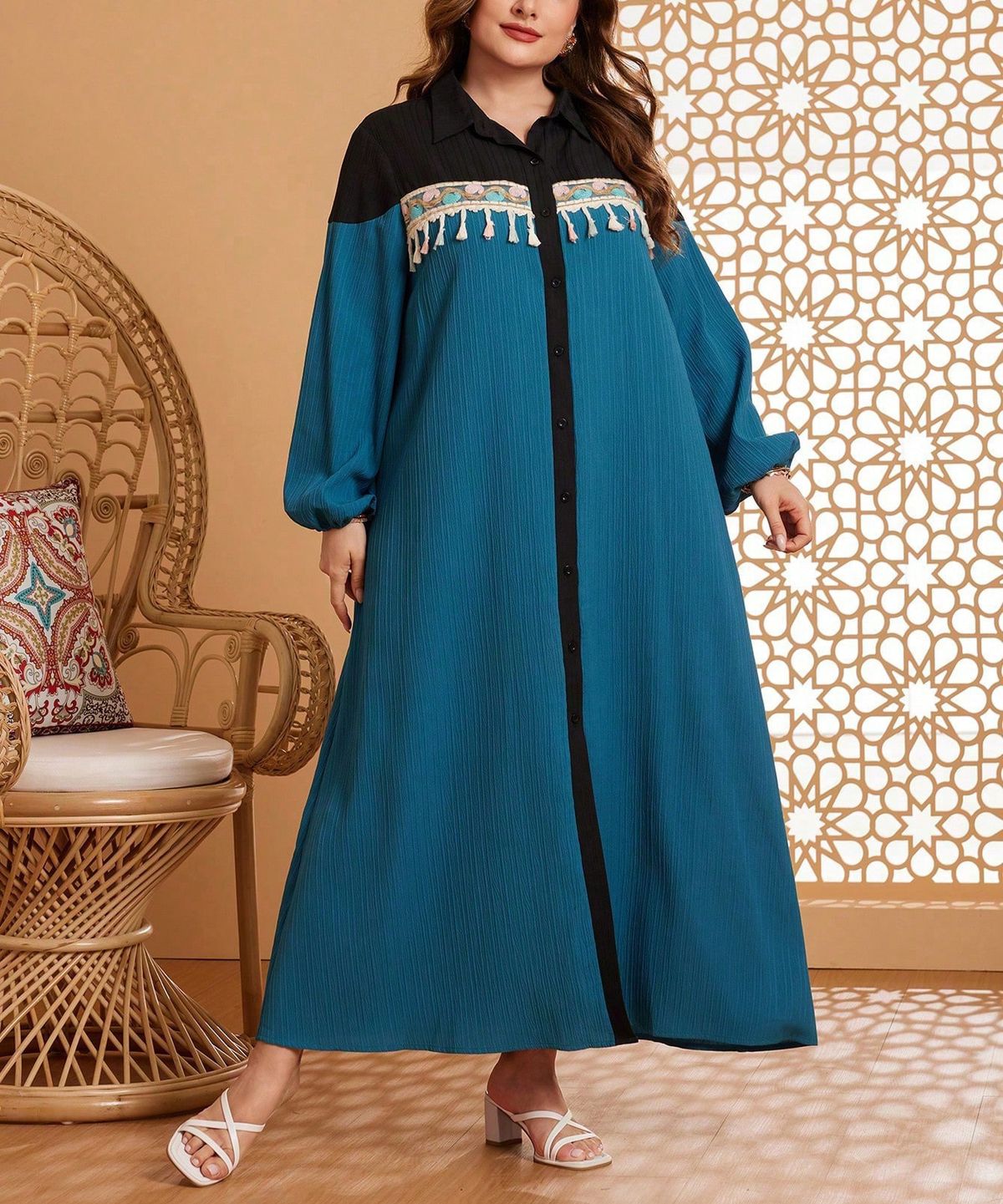 Plus Size Boho Maxi Dress With Ethnic Print – Flowy High Waist Long Sleeve Tunic Dress For Women, Loose Fit Comfortable & Stylish (0XL-4XL)_voghion.com