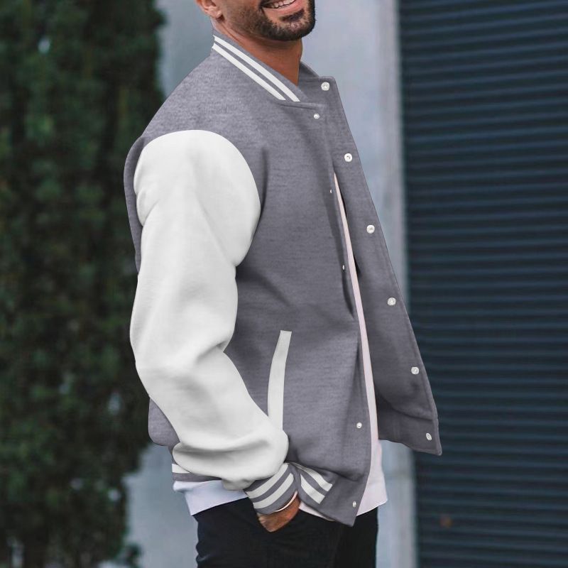 Giacca da baseball classica da uomo - Giacca bomber foderata in pile con collo alto e chiusura a bottoni, vestibilità comoda e casual per primavera e autunno_voghion.com