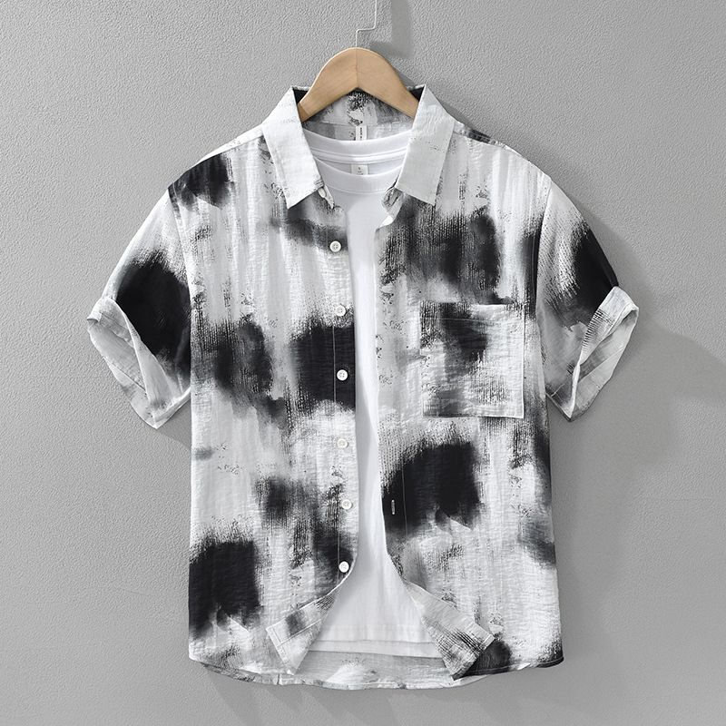 Camicia a maniche corte con effetto tie-dye alla moda per uomo, alla moda e versatile, top casual e ampio._voghion.com