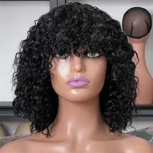Short Curly Bob Human Hair Wig with Bangs Pixie Bob Cut Glueless Wigs Water Wave Full Machine Natural Black Cheap Wigs for Women_voghion.com