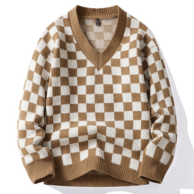 V-Ausschnitt für den Herbst-Winter, neuer warmer Strickpullover für Studenten, trendiger und vielseitiger Herrenpullover_voghion.com