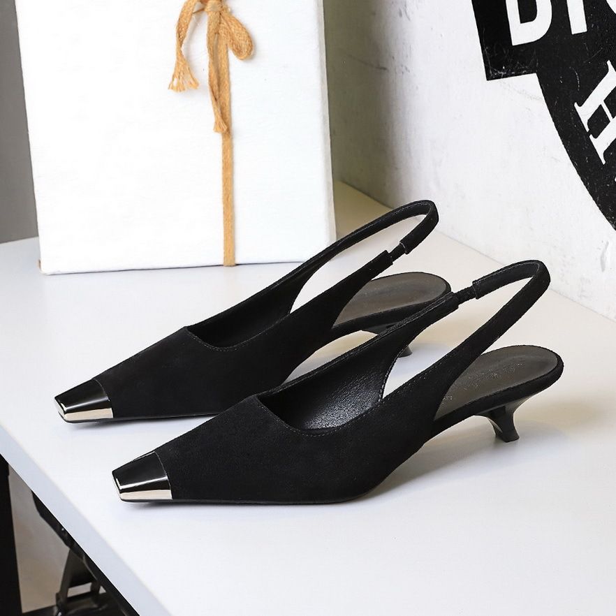 Metal Pointed Suede Women's Shoes Shallow Mouth Back Strap Low Heel Single Shoes Women's Wine Glass And Empty Shoes_voghion.com