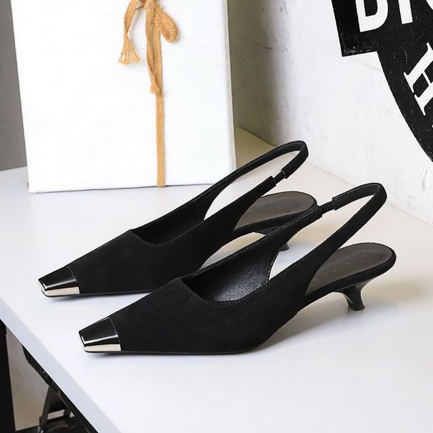 Metal Pointed Suede Women's Shoes Shallow Mouth Back Strap Low Heel Single Shoes Women's Wine Glass And Empty Shoes_voghion.com