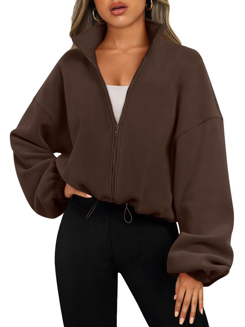 Women's Clothing Autumn Fashion Casual Stand Collar Long Sleeve Zipper Drawstring Warm Cardigan Loose Sweater_voghion.com