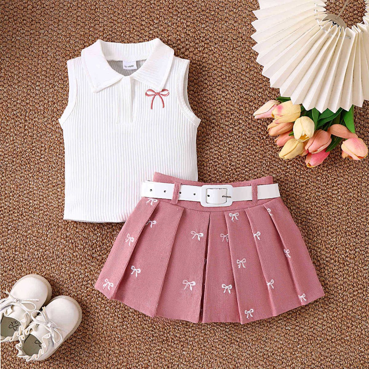 Kids’ Clothing Summer Girls Suit Stand Collar Sleeveless Top Printed Bow Pleated Skirt With Belt_voghion.com