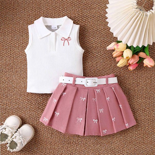 Kids’ Clothing Summer Girls Suit Stand Collar Sleeveless Top Printed Bow Pleated Skirt With Belt_voghion.com