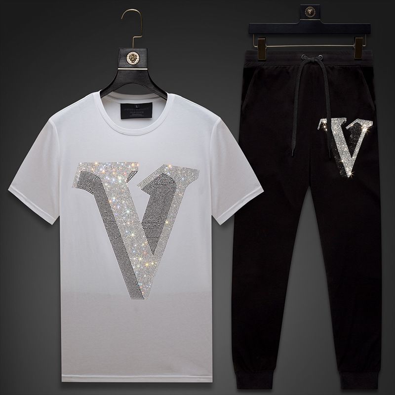 Men's Clothing new men's suit with hot diamonds, simple and popular street style, two piece suit, men's short sleeved T shirt, large size_voghion.com