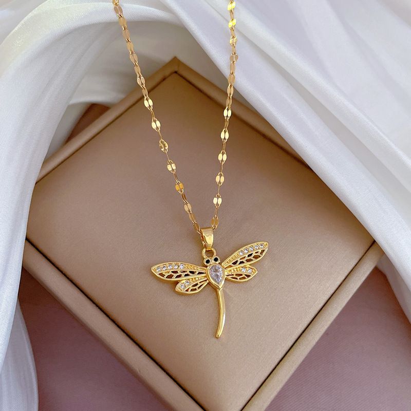 [Titanium Steel] Light Luxury Thread Empty Dragonfly Micro Inlaid True Gold Necklace For Women's Transport INS Net Red_voghion.com