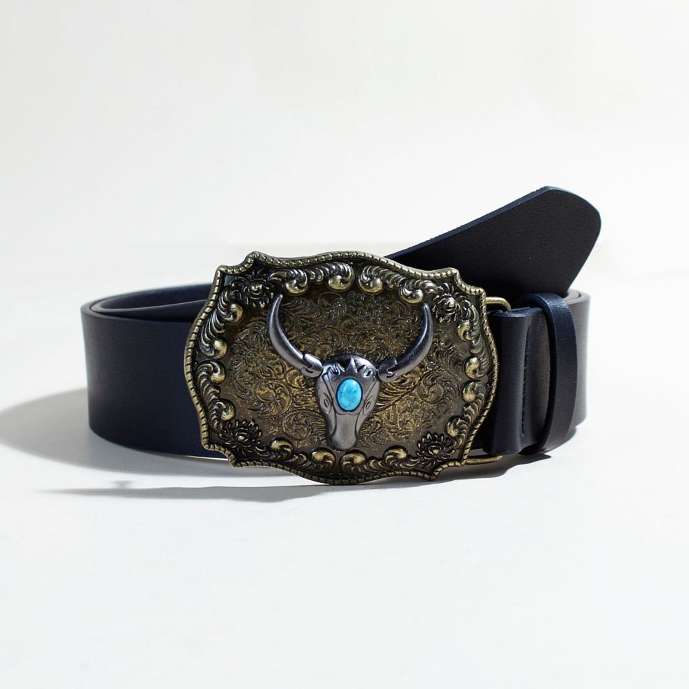 Ceinture de cowboy western avec boucle tête de taureau - Ceinture en cuir vieilli vintage pour homme, motif punk en relief avec motifs tribaux_voghion.com