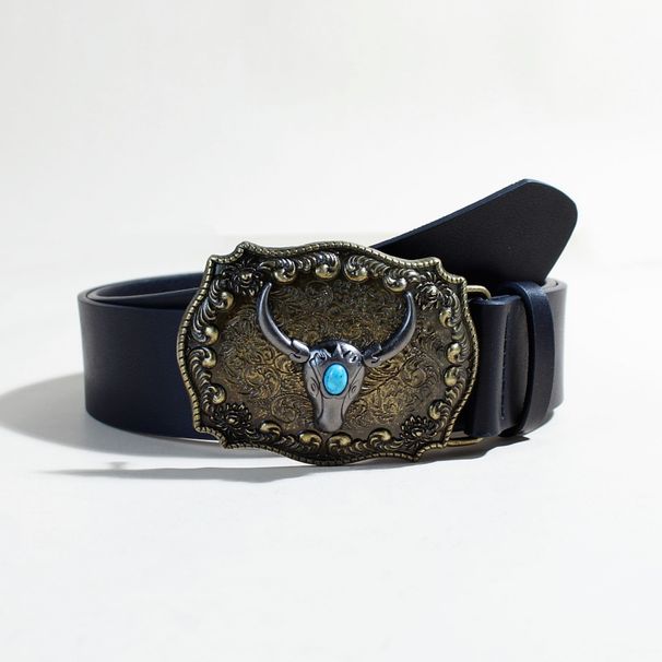 Ceinture de cowboy western avec boucle tête de taureau - Ceinture en cuir vieilli vintage pour homme, motif punk en relief avec motifs tribaux_voghion.com