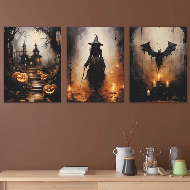 Halloween Ghost Bat Night Scene Witch Pumpkin Party Art Canvas Poster Set Decoration Core_voghion.com