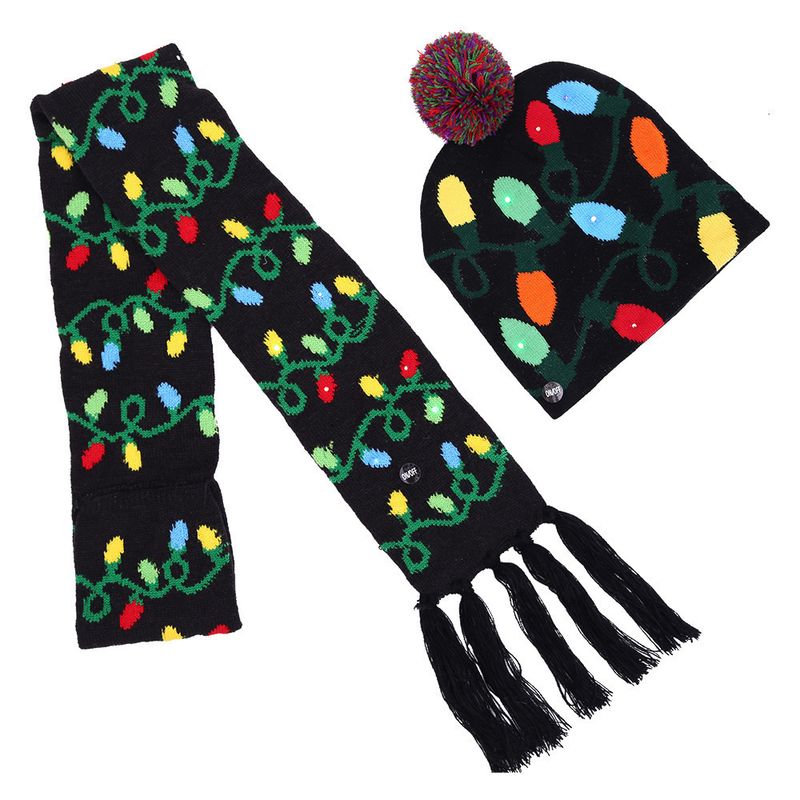 Christmas hat scarf outdoor suit Christmas hat children's colorful scarf with fur ball hat LED colored light_voghion.com