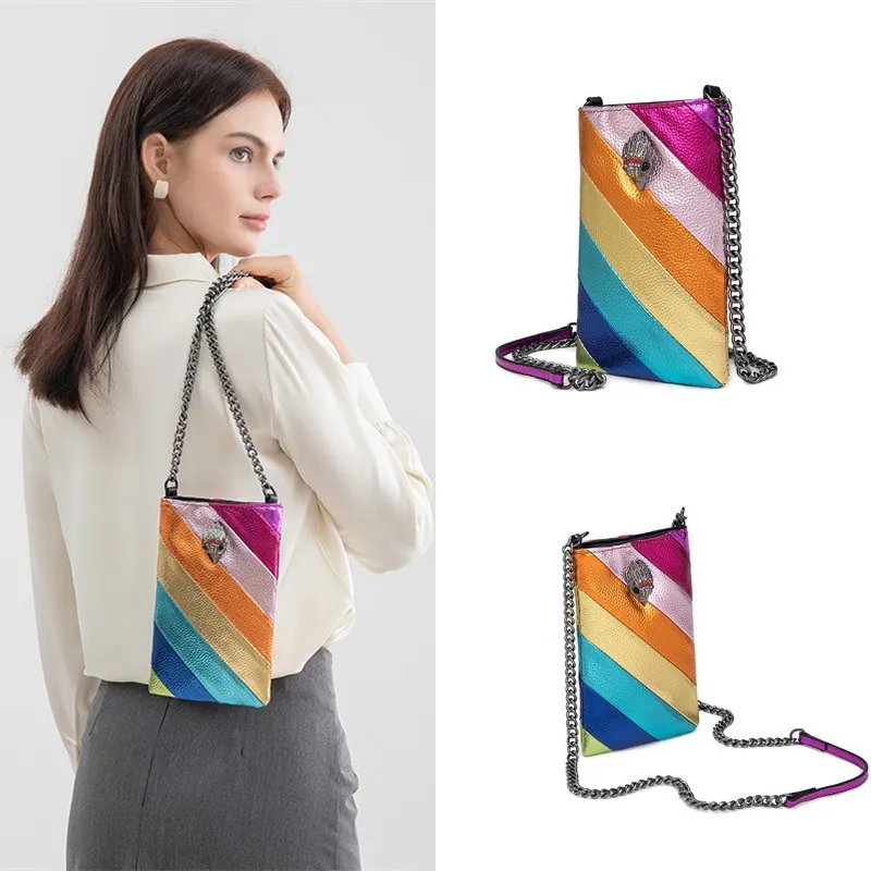 Fashionable and Versatile Colorful Striped Chain Shoulder Bag Crossbody Bag Eagle Head Small Bag Mobile Phone Bag Suitable for Shopping and Shopping_voghion.com