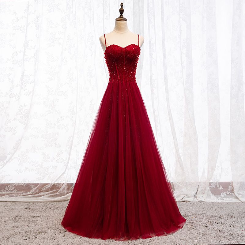 Women's Clothing Bride Toast Dress New Summer Red Sling Engagement Tulle Long Wedding Banquet Evening Dress_voghion.com