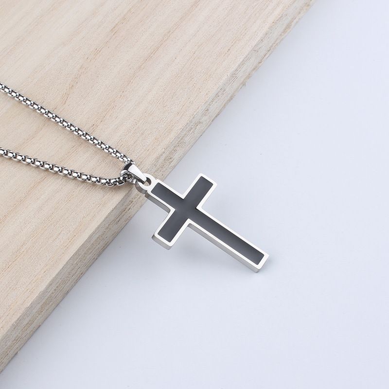 Collana da uomo con ciondolo a croce con goccia d'olio resistente allo sbiadimento, semplice catena in acciaio inossidabile_voghion.com