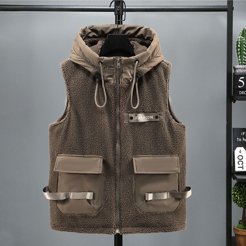 ​Unisex-Fleeceweste mit Sherpa-Futter, warme Winter-Arbeitsjacke mit Kapuze, Reißverschluss vorne und Taschen – Retro-Lockere Passform für Teenager und Erwachsene (Schwarz/Braun)​_voghion.com