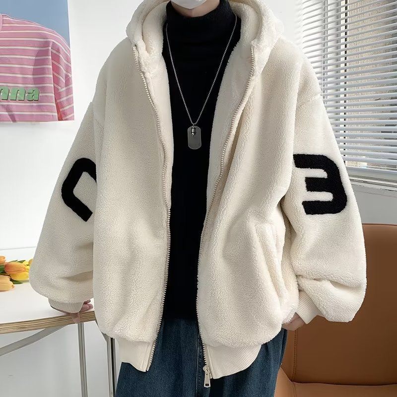 Men's 2024 Autumn/Winter New Coat with Thick Lamb Fleece Warm Hoodie Embroidered Trendy Student Casual Cotton Jacket_voghion.com