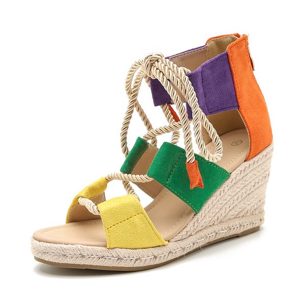 Sandali con zeppa in corda di iuta fatti a mano da donna - Scarpe con plateau e cinturini colorati in stile bohémien (calzature estive etniche da donna)_voghion.com