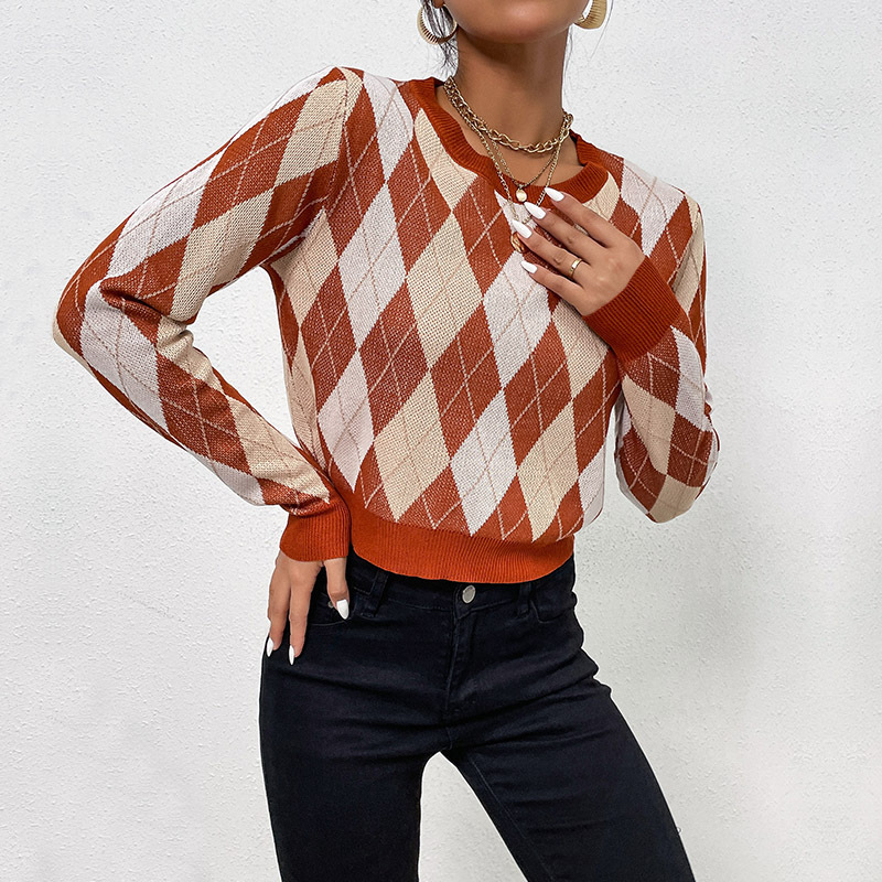 Pullover maglione a maniche lunghe con collo rotondo lavorato a maglia corta con diamanti_voghion.com