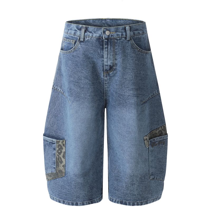 Erkek Giyim Retro Dikişli Leopar Desenli Yıkanmış Kılıç Geniş Paça Kısa Kot Pantolon Erkekler ve Kadınlar İçin Bol Büyük Cepli Şort_voghion.com