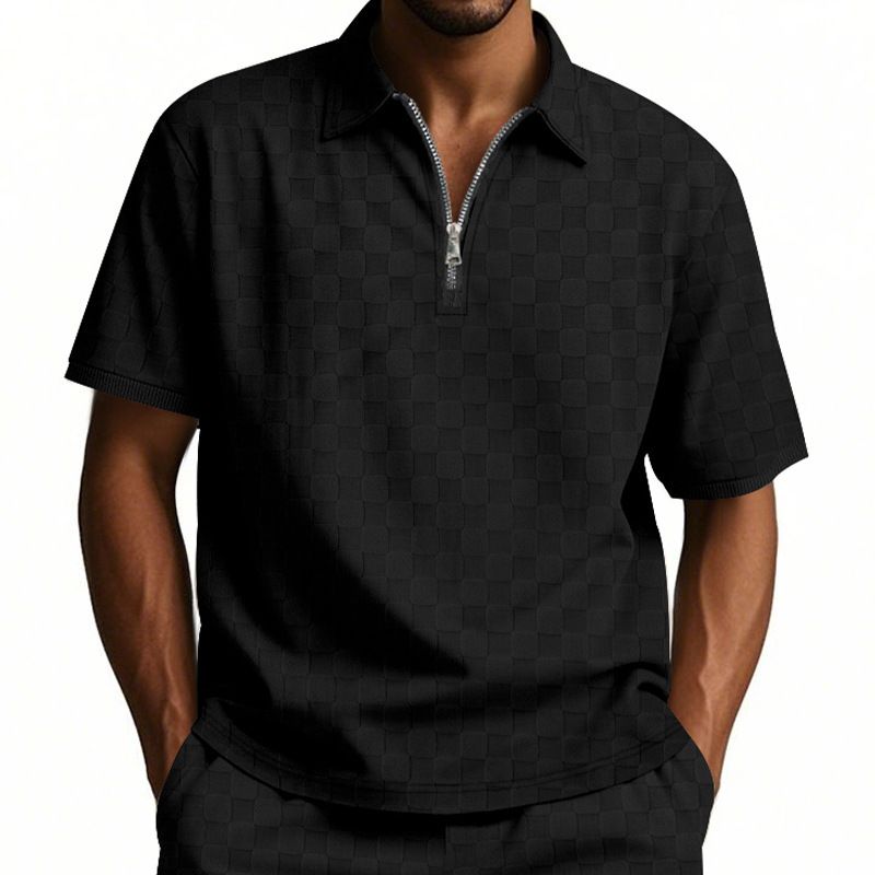 Men's New Summer Polo Shirt Short-sleeved Checkerboard Checkered Jacquard Lapel Casual Loose Half-zipper Shirt_voghion.com