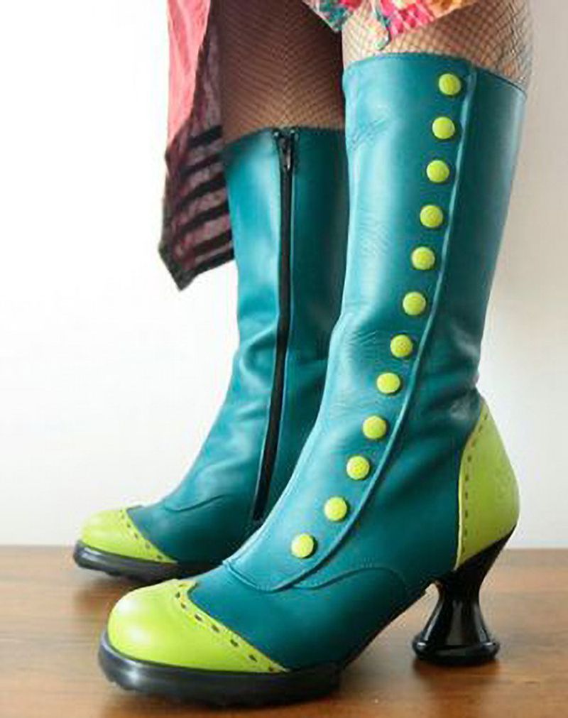 Neue stylische Patchwork-Knöpfe zieren oberschenkelhohe Damenstiefel mit unregelmäßigem Absatz_voghion.com
