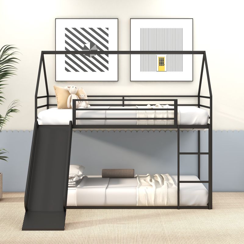 Twin Over Twin House Bed With Ladder And Slider, House Bed, Bunk Bed_voghion.com