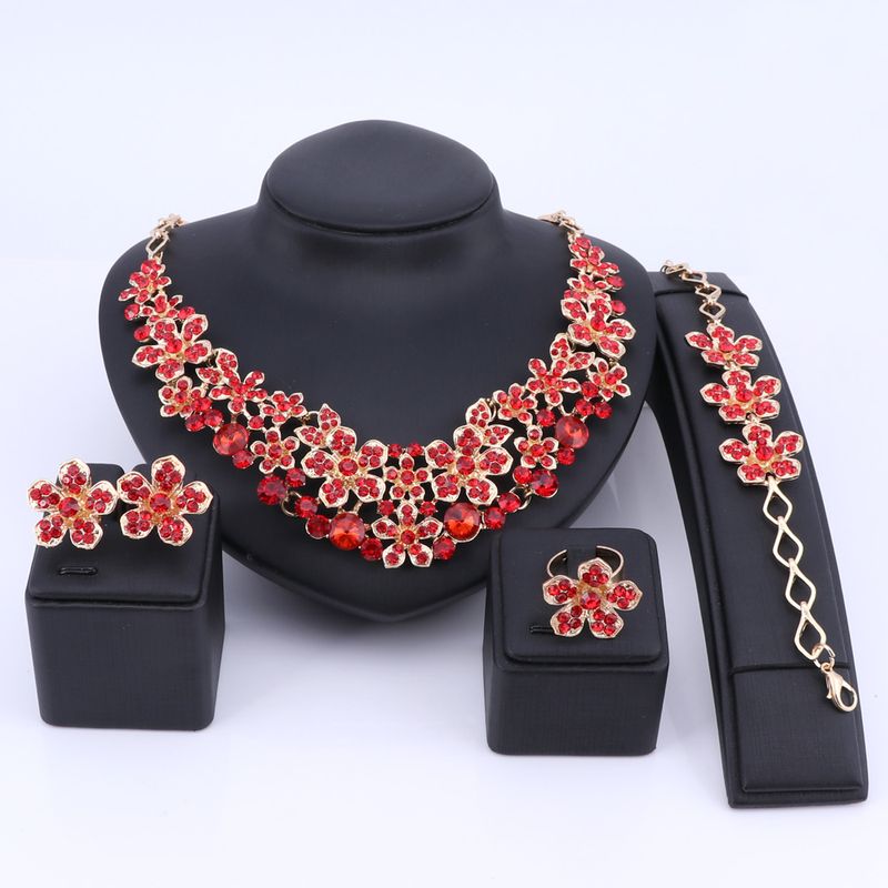 Women Crystal Flower Statement Necklace Bracelet Earring Ring Wedding Gift Brides Prom Party Jewelry Set_voghion.com
