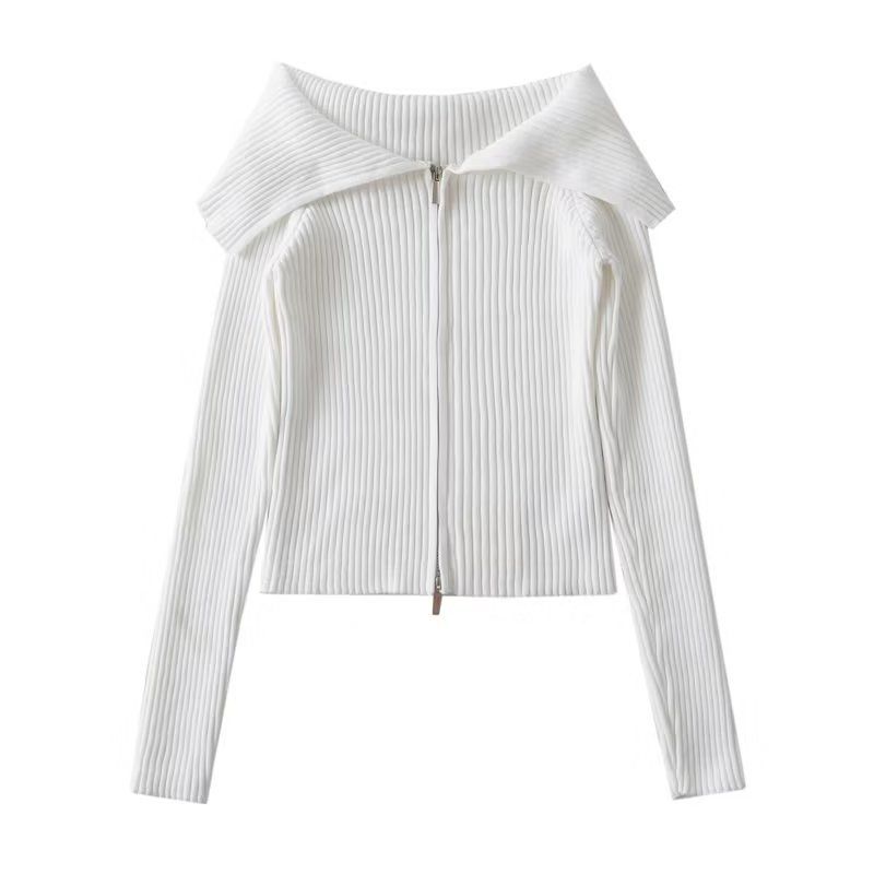 Damenbekleidung Kurze Jacke mit großem Revers Langarm-Design Strickpullover_voghion.com