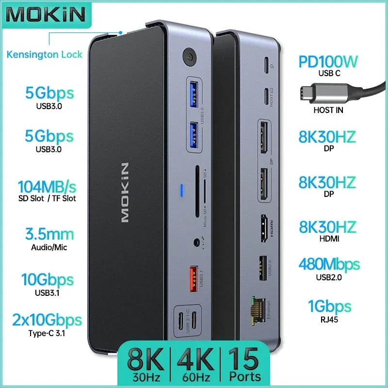 MOKiN Docking Station 15 in 1 per MacBook Air/Pro Thunderbolt Laptop USB 3.1 Doppio Canale 4K60HZ HDMI 8K30Hz PD 100W RJ45_voghion.com