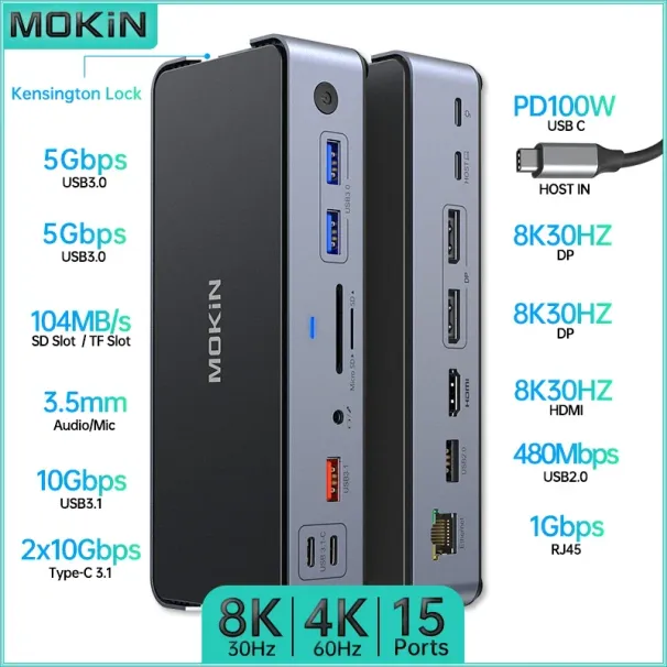 MOKiN Docking Station 15 in 1 per MacBook Air/Pro Thunderbolt Laptop USB 3.1 Doppio Canale 4K60HZ HDMI 8K30Hz PD 100W RJ45_voghion.com