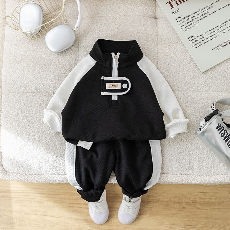 Completo da bambino in stile coreano, 2 pezzi, a maniche lunghe, casual, per primavera e autunno (bianco/nero/grigio, altezza 80-130 cm)_voghion.com
