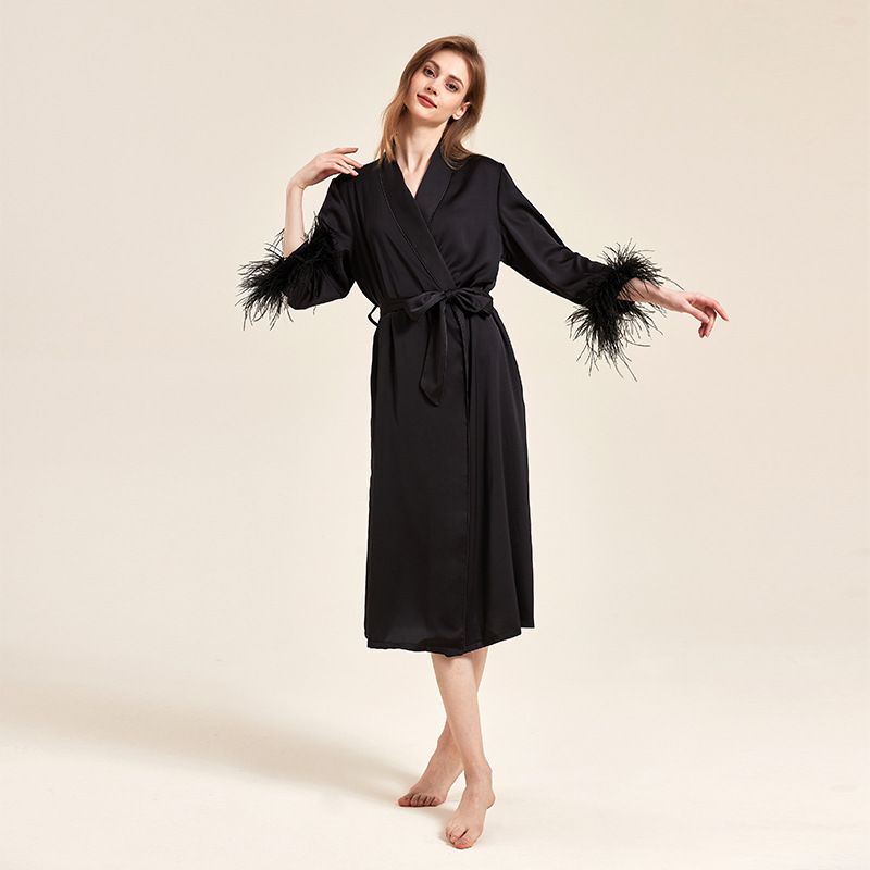 Women's Sleepwears New Wedding Bride Ice Silk Satin Cuffs Feather Decoration Wedding Morning Robe Nightgown_voghion.com