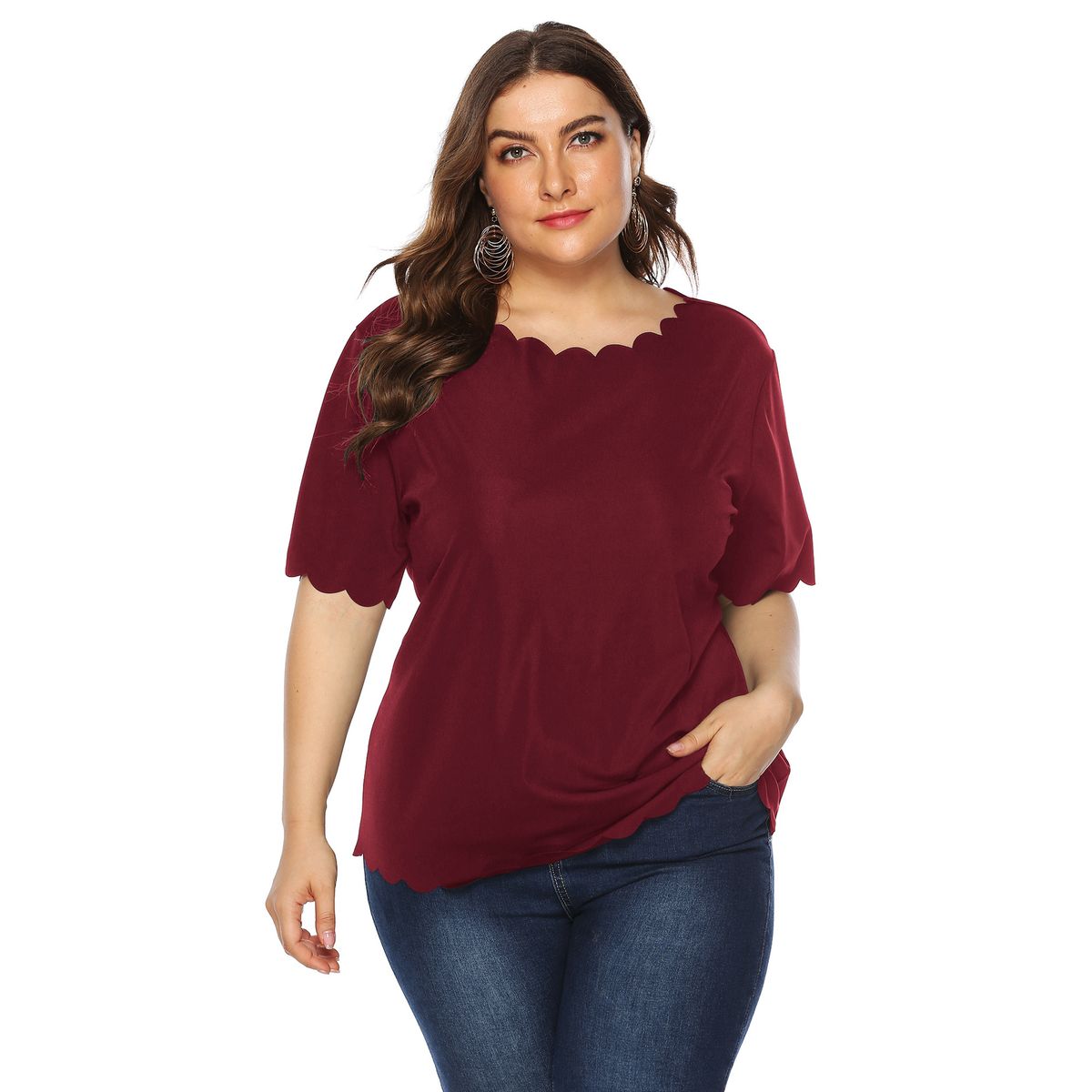 plus size women's clothing wavy edge solid color simple and versatile T-shirt casual short sleeve top_voghion.com