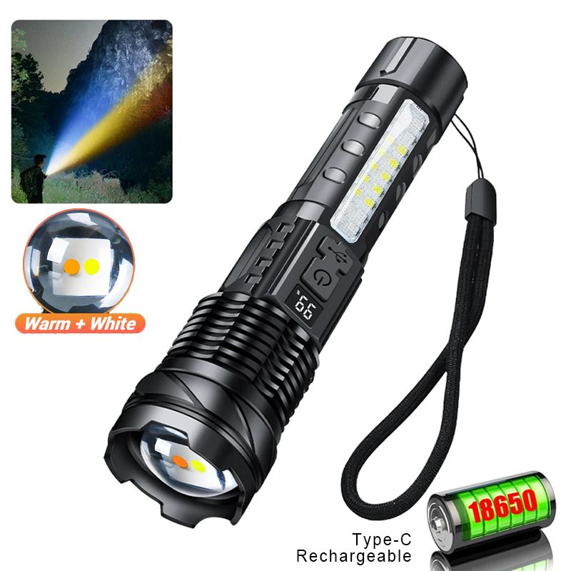 Leistungsstarke XHP50 LED-Taschenlampe, wasserdicht, 18650, Taschenlampe mit Seitenlicht, 7 Modi, Camping, Angeln, Laterne, USB, wiederaufladbar, Zoom-Lampe_voghion.com