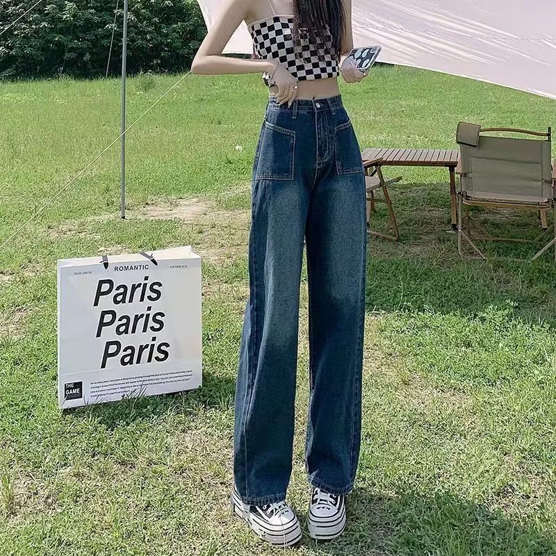New American style jeans for short stature, autumn high waisted girl, gradient wide legs, slimming dad, straight leg_voghion.com