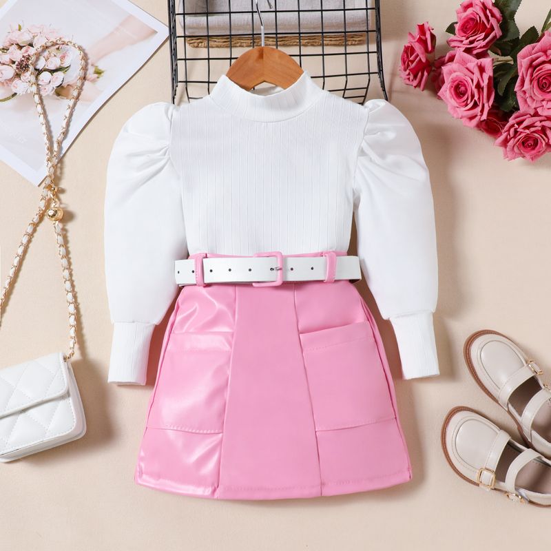 Abbigliamento per bambini per bambine di piccole e medie dimensioni, nuovi completi autunnali, top con maniche a sbuffo + gonne in similpelle + cinture, completi a tre pezzi_voghion.com