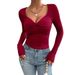 Damen Slim Fit Langarm T-Shirt – Stretch Milchseide V-Ausschnitt Basic Top für Lagenlook (Schwarz/Weiß/Burgund)_voghion.com