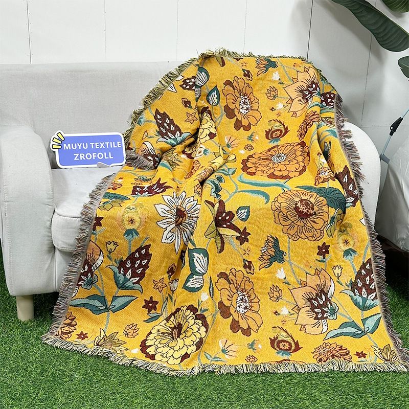 New Chinese Style Hibiscus Woven Blanket Single Sofa Cover Non-Slip Wear-Resistant Durable Washable_voghion.com
