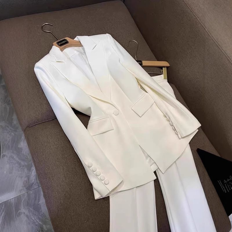 Women's Clothing Professional Suit Fashion One Button Cloth Button Mid Length Suit Flared Pants Suit Two Piece Suit_voghion.com