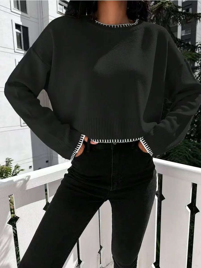 Pull tricoté taille haute de couleur contrastée pour femme, pull court du matin_voghion.com